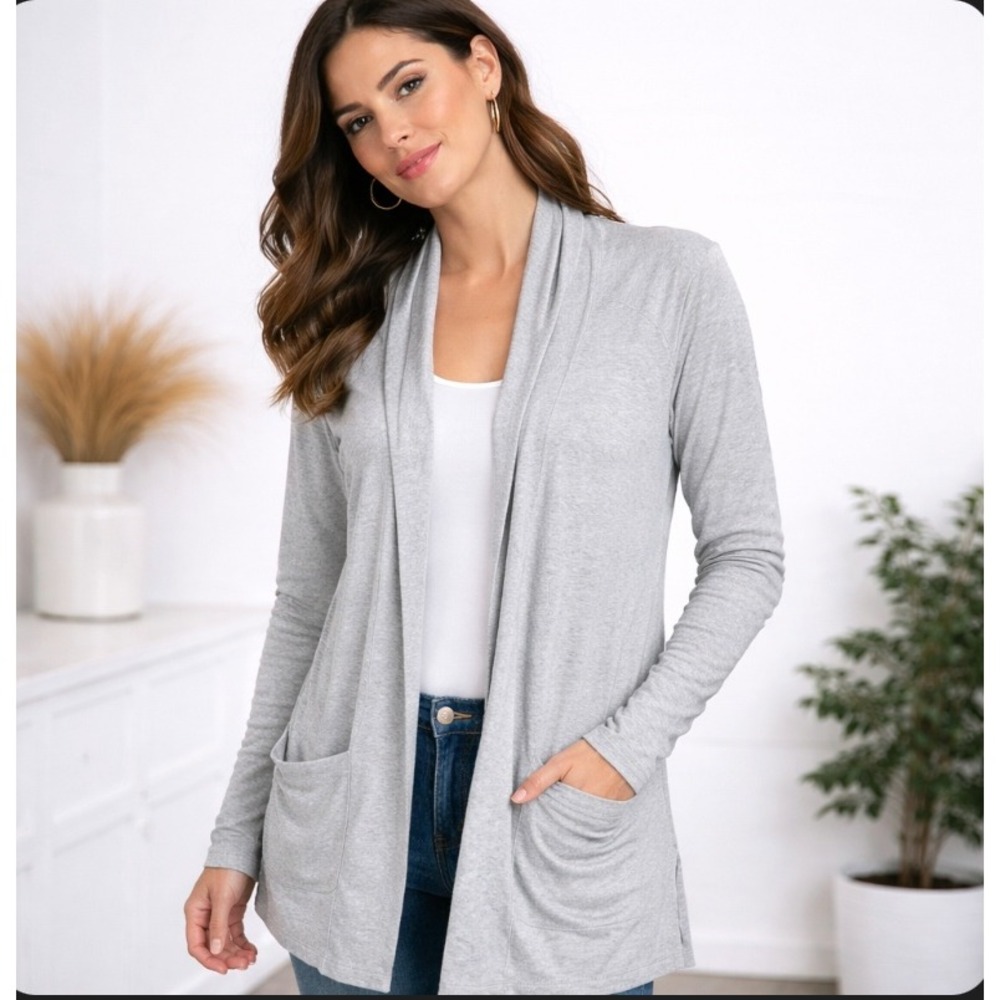 Eileen Fisher Cardigan Women Small Gray Shawl Neck Open Front Pockets Capsule